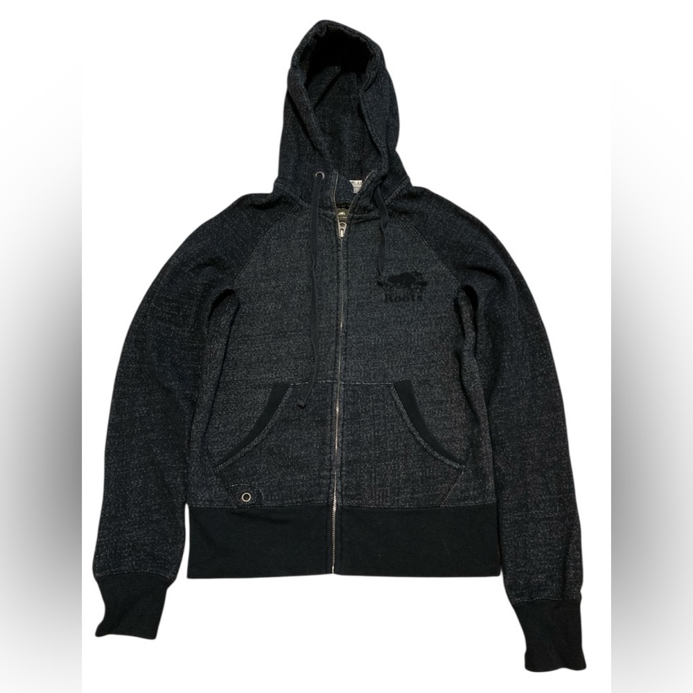 Roots Women's M/M Organic Cotton Blend Full Zip Hoodie Sweatshirt Black Marl
